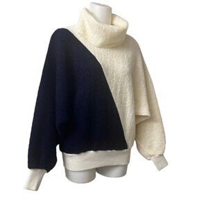 Vintage C&A Womens Color Block Dolman Funnel Neck Sweater Black & Cream Medium